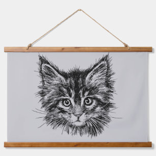 Tapisserie Suspendue Visage de Kitten noir et blanc sur gris