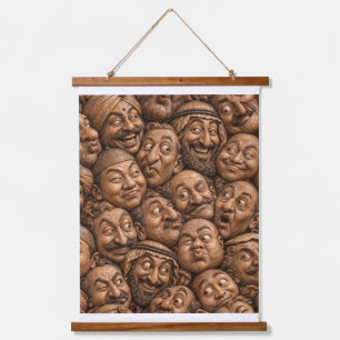 Tapisserie Suspendue Visages en Bois Sculpté Motif Bohème Vintage