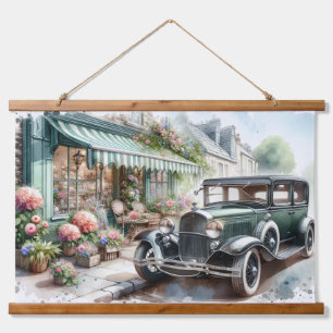 Tapisserie Suspendue Voiture Vintage et Charming Flower Shop Aquarelle