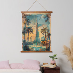 Tapisserie Suspendue Vue panoramique vintage de Dubaï et de la Burj Kha