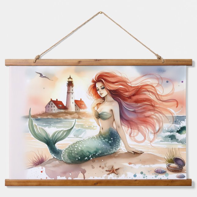 Tapisserie Suspendue Watercolor Mermaid by Lighthouse Shore (Devant)