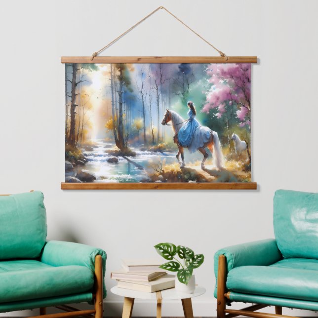 Tapisserie Suspendue Watercolor River Horsewoman Forest Light (Salon)