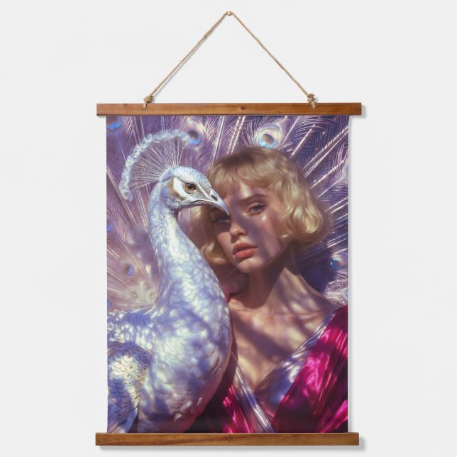 Tapisserie Suspendue Weißer Pfau und Schönheit in rosa Eleganz (Recto)
