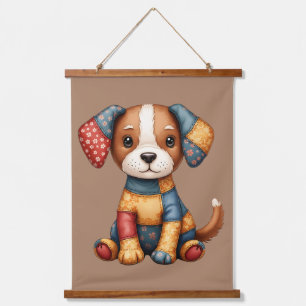 Tapisserie Suspendue Whimsical Patchwork Puppy Cottagecore Folk Art