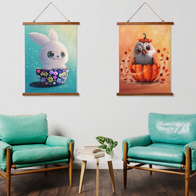Tapisserie Suspendue wildlife cute Forest animals : Owl, & Rabbit (Salon)