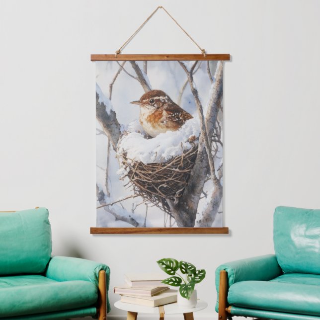 Tapisserie Suspendue Winter Snow Bird Wren in Tree Nest Nature Art (Salon)