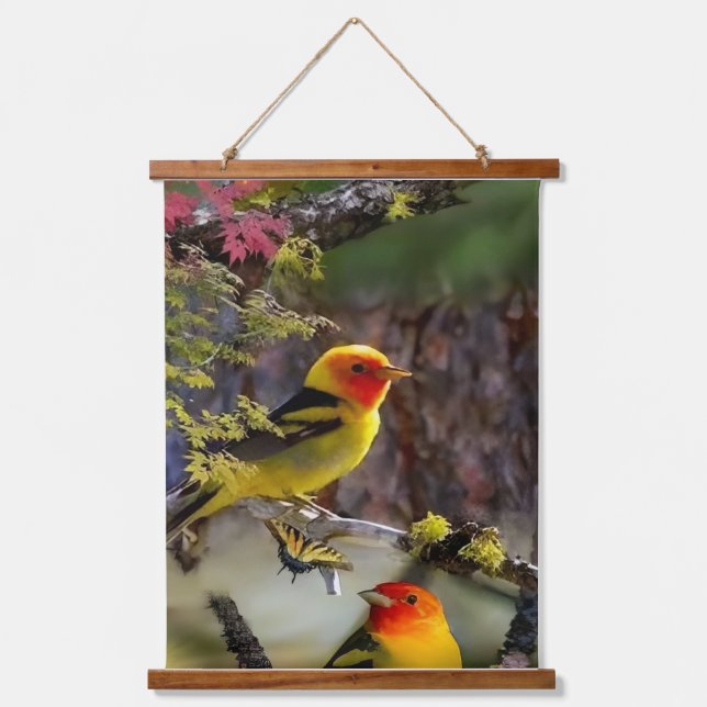 Tapisserie Suspendue Wood Topped Wall Tapestry Golden Songbirds and Red (Recto)