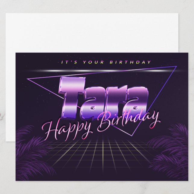 Tara prénom nom carte rétro lilas anniversaire (Devant / Derrière)