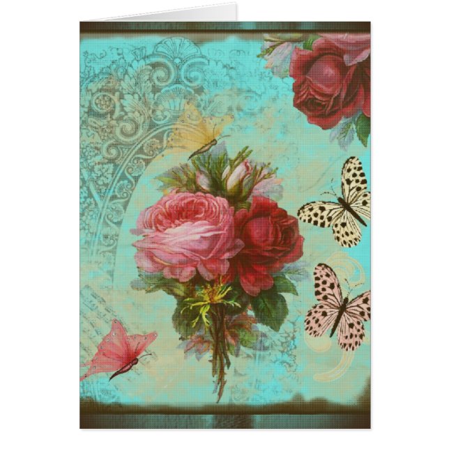 Tarjeta de felicitación turquesa y flores rosas (Devant)