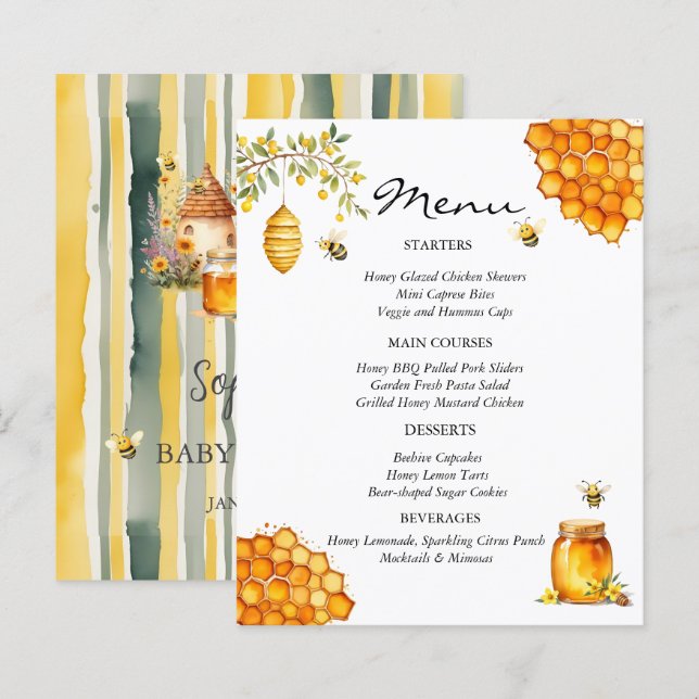 Tarjeta de menú Baby shower Bee Honey Bear (Devant / Derrière)