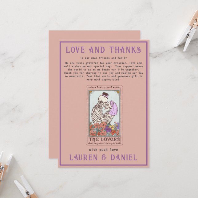 Tarot minimaliste Squelette Couple Carte de remerc (Devant/Arrière en situation)