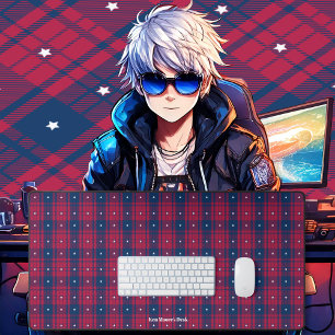 Tartan - Patriotique - Bleu Rouge Étoiles Blanches