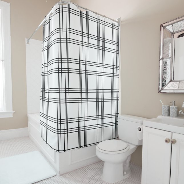 Tartan Plaid Blanc Avec Rideau De Douche À Lignes  (En situation)