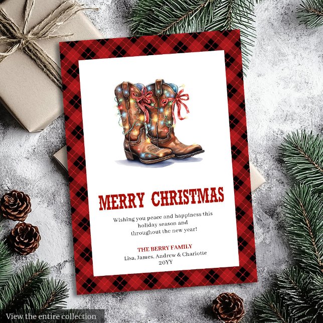 Tartan plaid rouge de carte de Noël western (Western Christmas card red buffalo plaid tartan

)