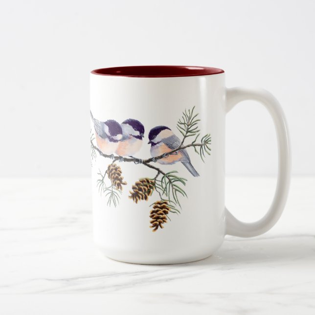 Tasse 2 Couleurs 3 CHICKADEES et CÔNES par SHARON SHARPE (Droit)