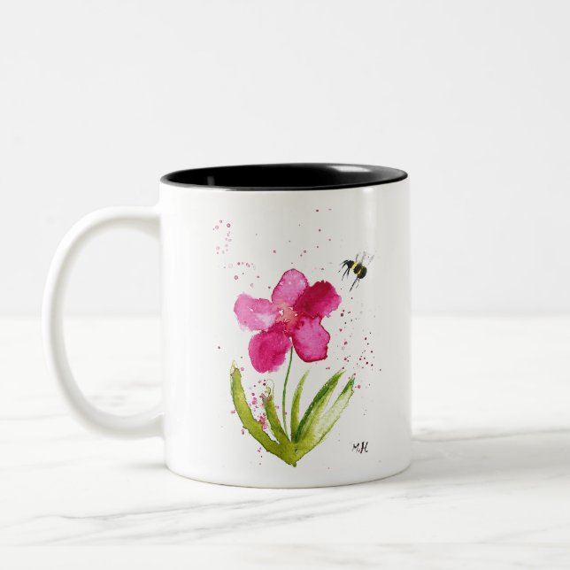Tasse 2 Couleurs Abeille bourdon fleur rose aquarelle (Gauche)