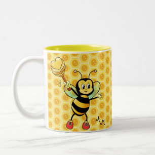 Tasse 2 Couleurs Abeille de miel au coeur et au monogramme au café 
