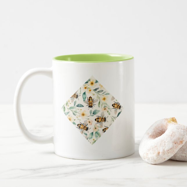 Tasse 2 Couleurs Abeilles et fleurs - Crème Floral Miel Abeille Dia (Avec donut)