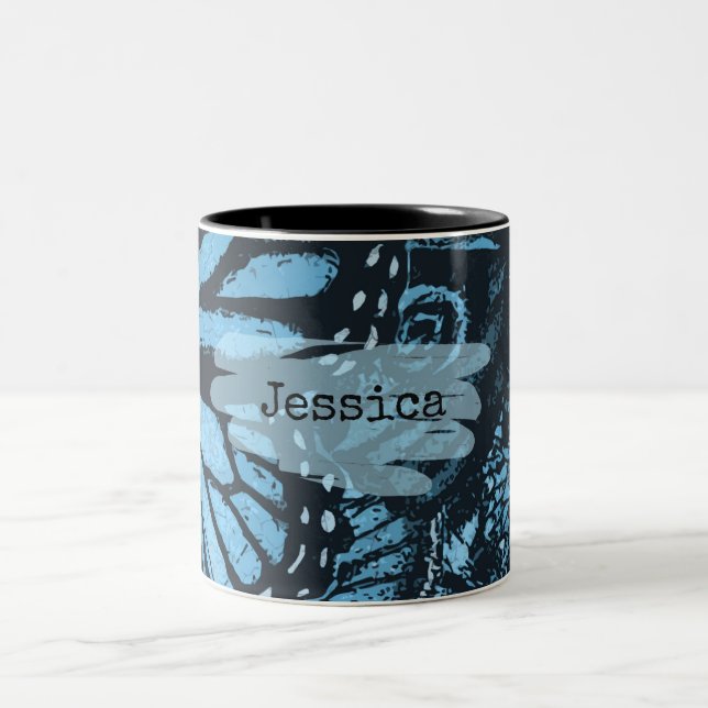 Tasse 2 Couleurs Abstract Grunge Blue Butterfly Art Personalised (Centre)