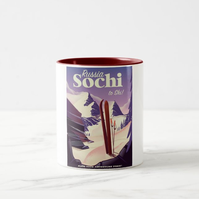 Tasse 2 Couleurs Affiche de voyage à ski à Sotchi Russie (Centre)