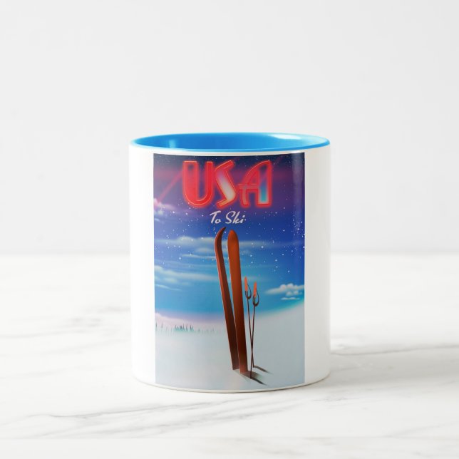 Tasse 2 Couleurs affiche de voyage de ski aux États-Unis (Centre)