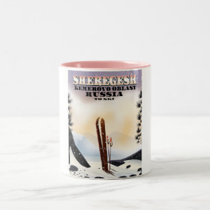 Tasse 2 Couleurs Affiche de voyage de ski Sheregesh Russie.
