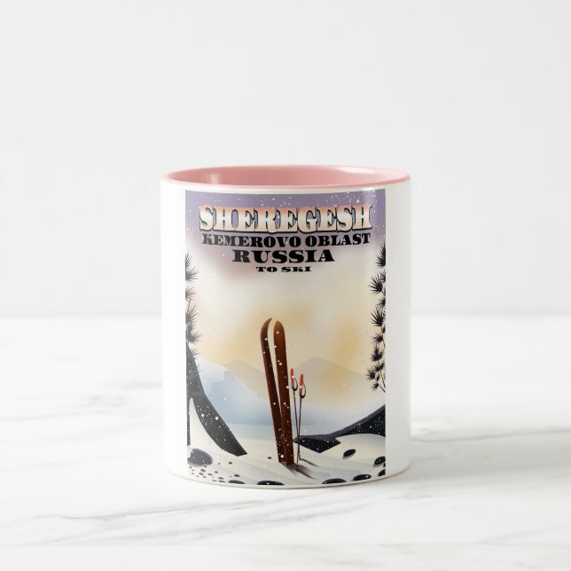 Tasse 2 Couleurs Affiche de voyage de ski Sheregesh Russie. (Centre)