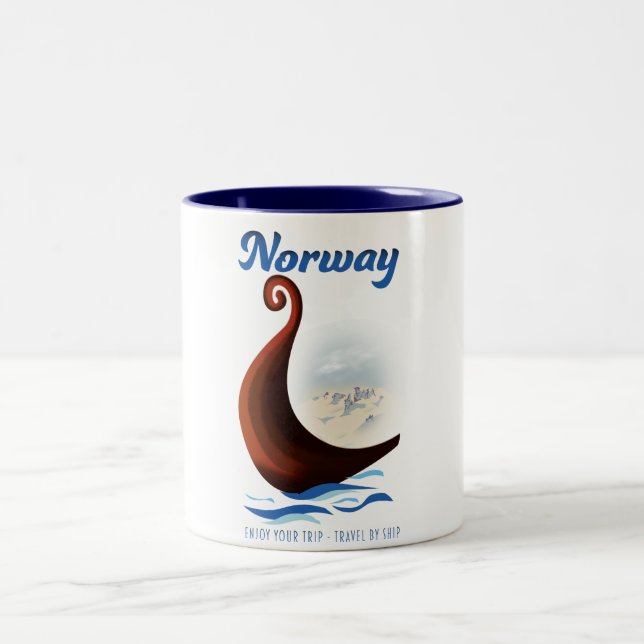Tasse 2 Couleurs Affiche de voyage en bateau long de Norvège (Centre)