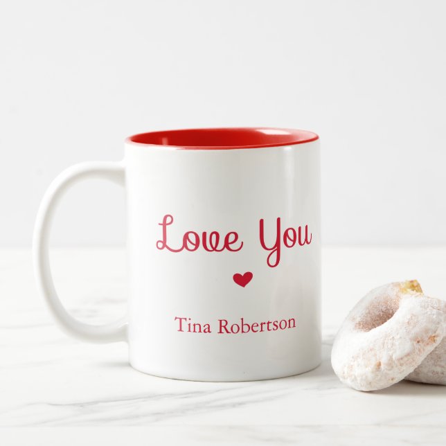 Tasse 2 Couleurs Aimez-vous coeur rouge personnalisé blanc (Avec donut)