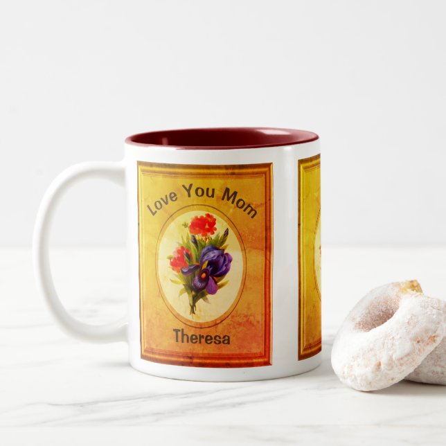 Tasse 2 Couleurs Aimez-vous Maman Personnalisé Blue Iris Bouquet (Avec donut)