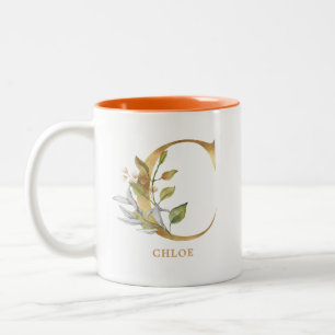 Tasse 2 Couleurs Alphabet d'or C Monogramme  Foliage de feuilles