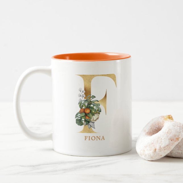 Tasse 2 Couleurs Alphabet or F Monogramme | Feuillage de feuilles (Avec donut)