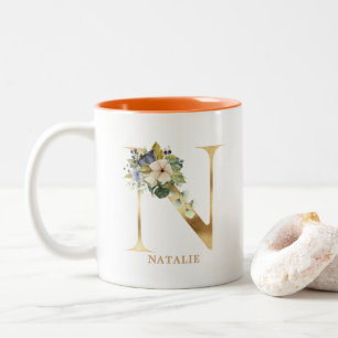 Tasse 2 Couleurs Alphabet Or N Monogramme   Feuillage de feuilles