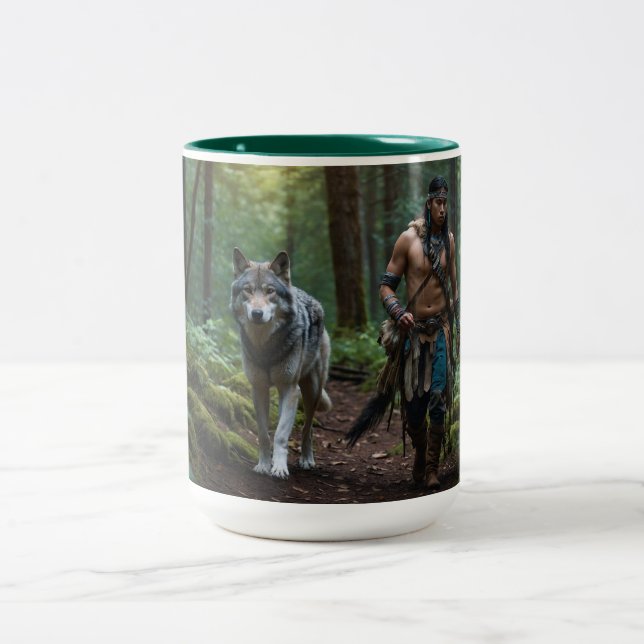 Tasse 2 Couleurs Amérindiens Warrior & Wolf Wildlife Design (Centre)