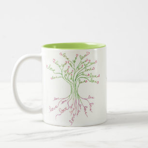 Tasse 2 Couleurs Amour Arbre de Vie Art Blanc Vert Coeurs roses mig