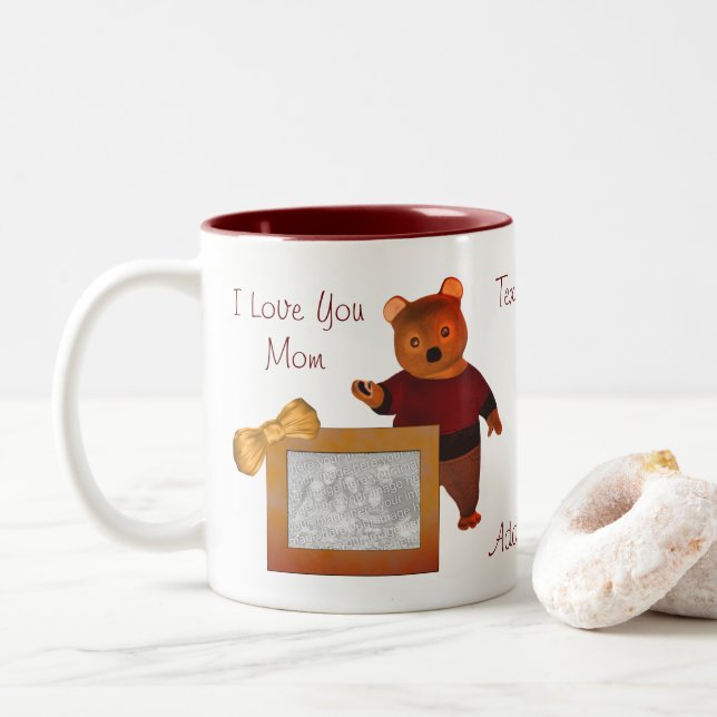 Tasse 2 Couleurs Amour Maman Mignonne Ours Photo personnalisée (Avec donut)