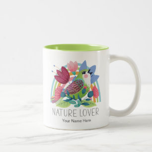 Tasse 2 Couleurs Amoureux de la nature Aquarelle Oiseau Fleurs Arc-