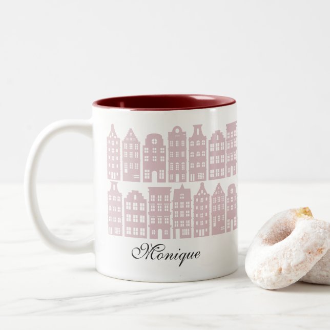 Tasse 2 Couleurs Amsterdam Canal Row Maisons personnalisées Maroon  (Avec donut)