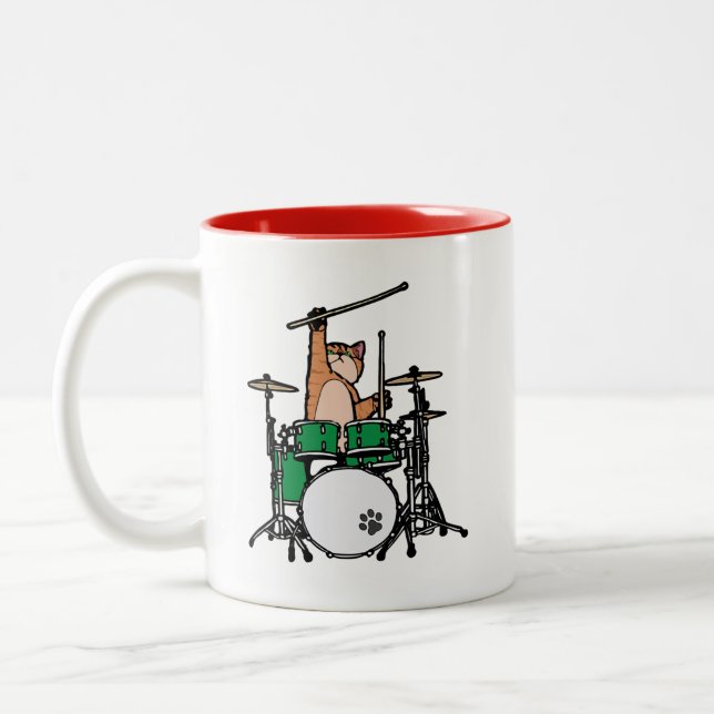 Tasse 2 Couleurs Amusant Chat Jouer Des Tambours, Batteur À Chat, D (Gauche)