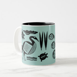 Tasse 2 Couleurs Ancien Oiseau, tortue, herbe, aqua à l'eau