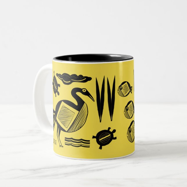 Tasse 2 Couleurs Ancien Oiseau, tortue, herbe, encre d'eau jaune (Devant gauche)