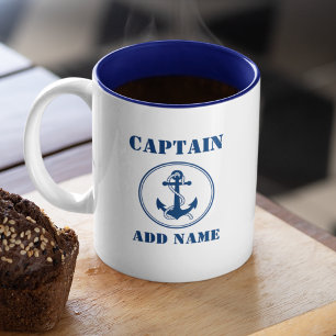 Tasse 2 Couleurs Ancre bleue et corde Nom du capitaine Ajouter ou n