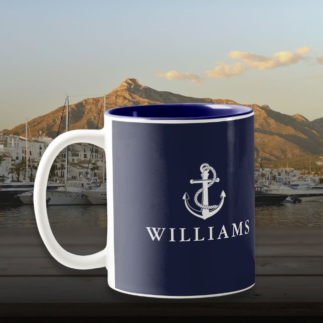 Tasse 2 Couleurs Ancre de bateau nautique personnalisée bleu marine (Navy Blue Custom Name Nautical Boat Anchor Two-Tone Coffee Mug)