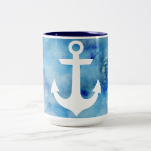 Tasse 2 Couleurs Ancre nautique d'aquarelle blanche bleue Girly