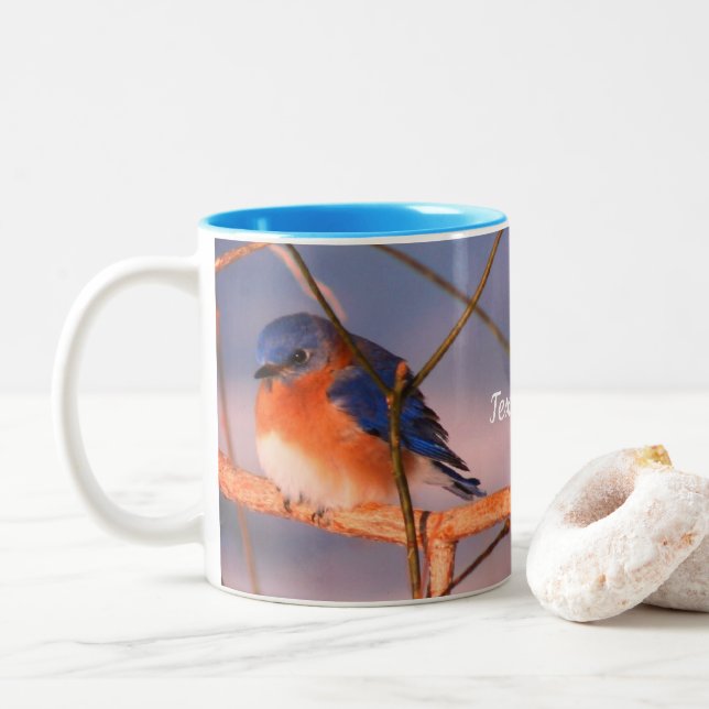 Tasse 2 Couleurs Animal Bluebird d'hiver personnalisé (Avec donut)