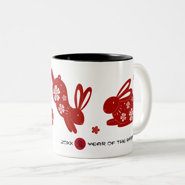 Tasse 2 Couleurs Année chinoise du lapin | Année et nom personnalis (Devant droit)