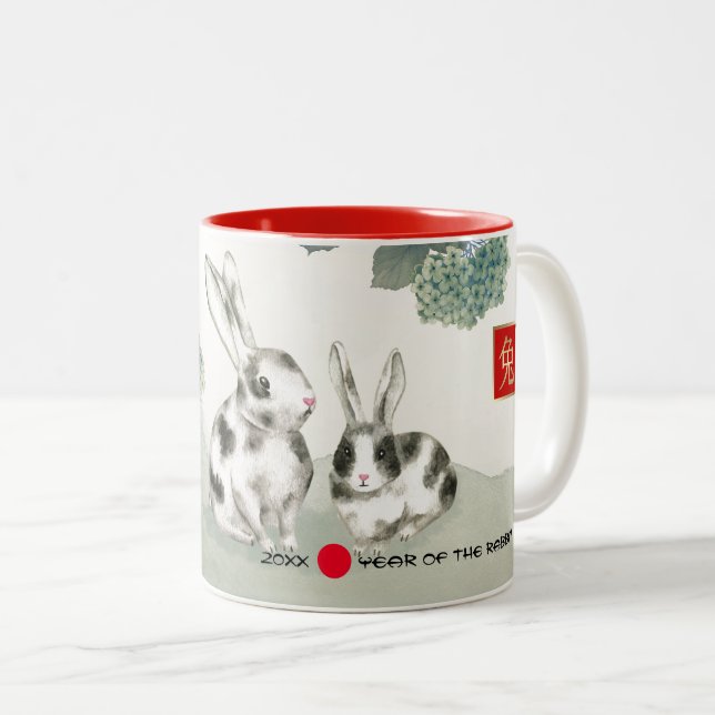 Tasse 2 Couleurs Année chinoise du lapin | Année et nom personnalis (Devant droit)