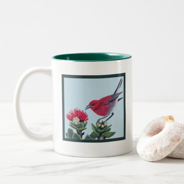 Tasse 2 Couleurs Apapane et fleur de Lehua Illustration de la natur (Avec donut)