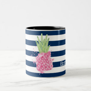 Tasse 2 Couleurs Aquarelle ananas Tropical, Bleu marine rayé