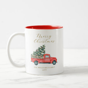 Tasse 2 Couleurs Aquarelle Arbre de Noël & Camion Rouge Merry X-mas